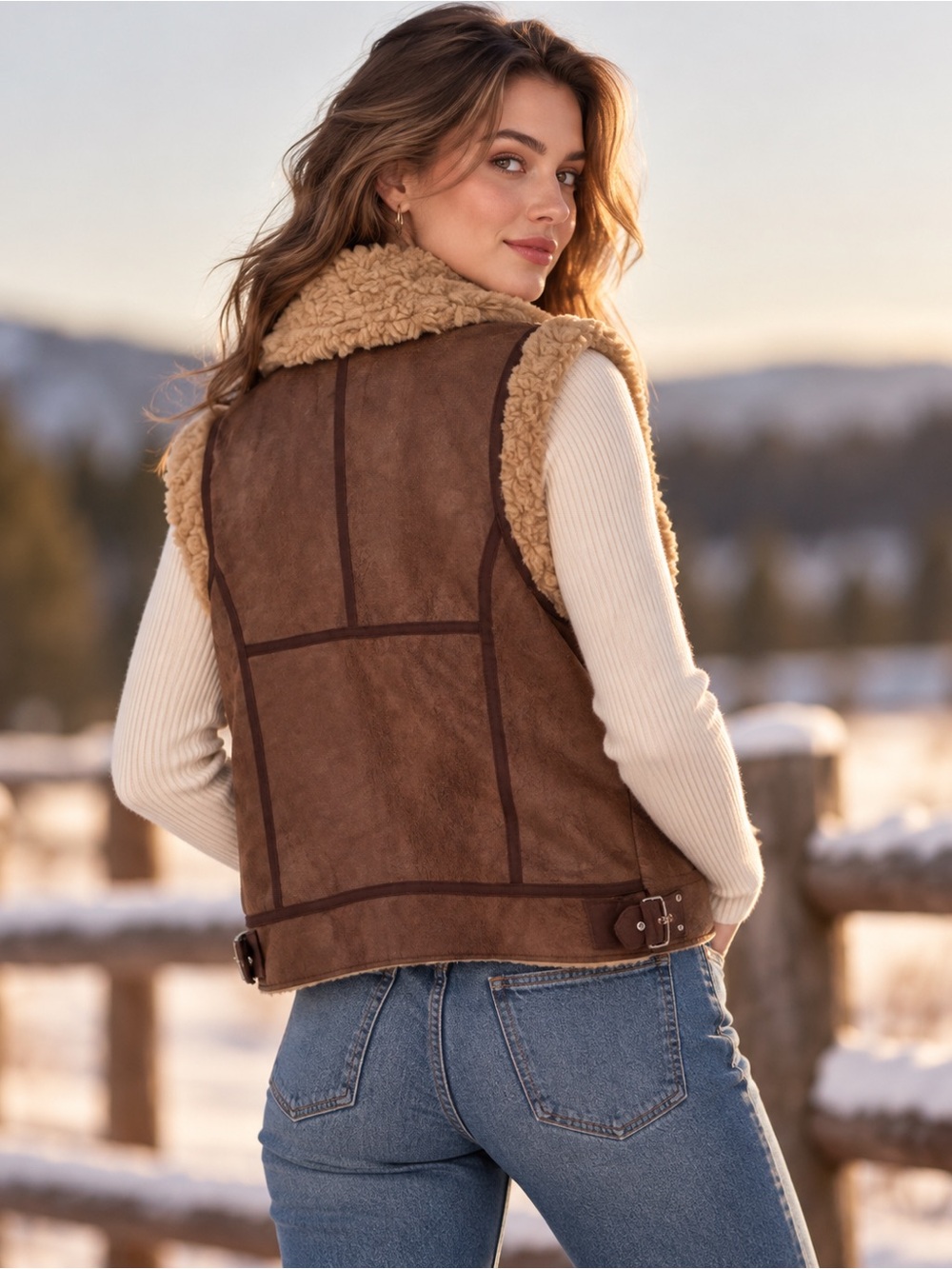 7 For All Mankind Cozy Faux-Shearling Brown Vest Jacket w/ Tags - Picture 2 of 5
